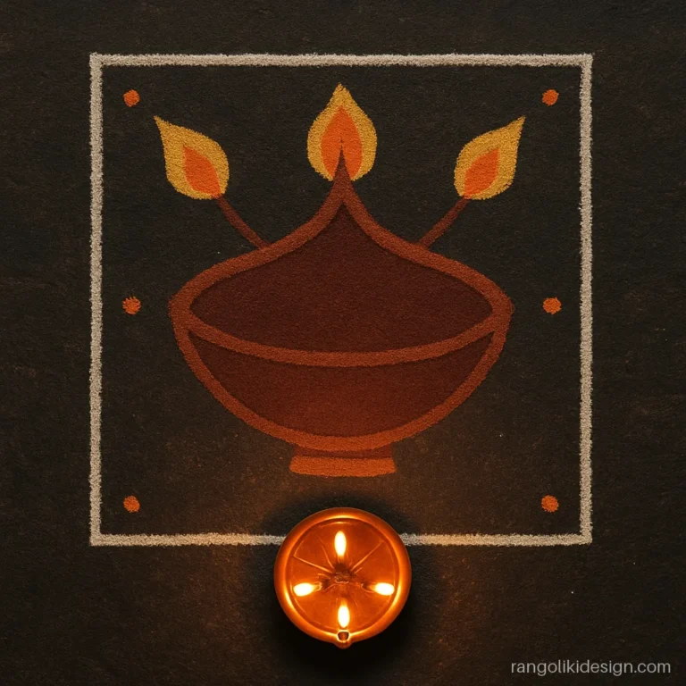 Dhantrayodashi rangoli simple with a four-wick yam deep diya in a square