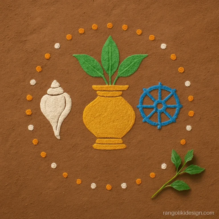 Dhanvantari rangoli design with amrit kalash, conch, chakra and tulsi leaves