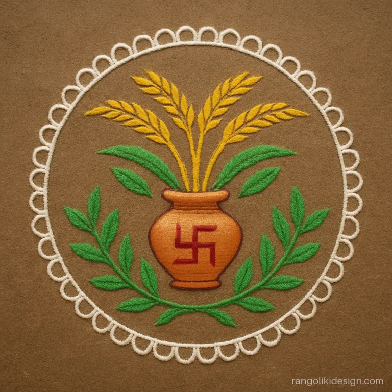 Diwali padwa rangoli for Bali Pratipada with a kalash and golden paddy stalks