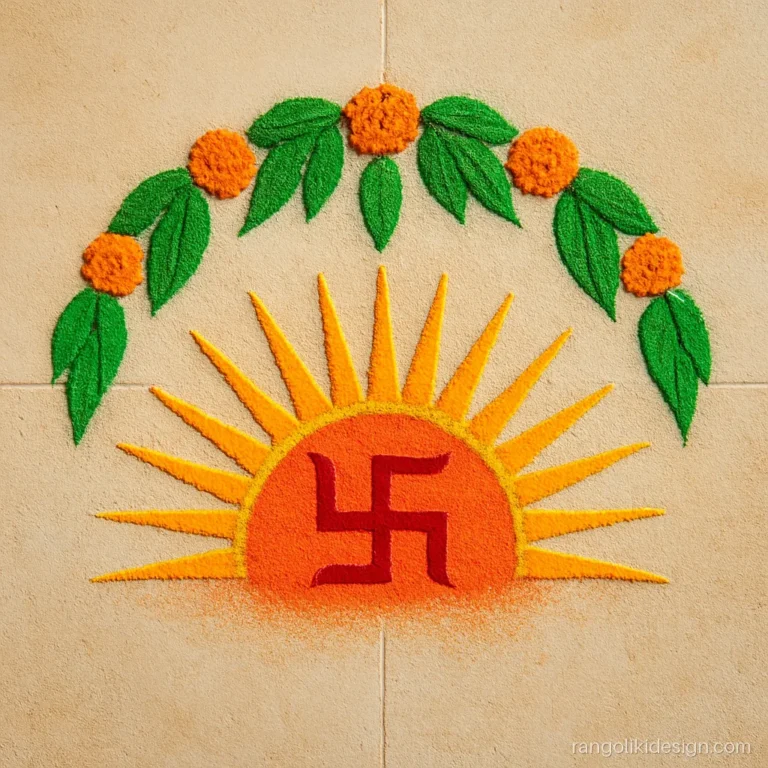 Padwa rangoli designs simple with a rising sun over a toran