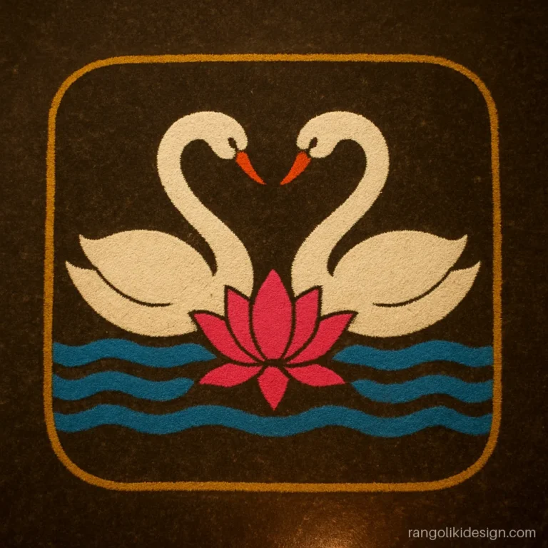 Simple diwali padwa rangoli design with two white swans facing a pink lotus