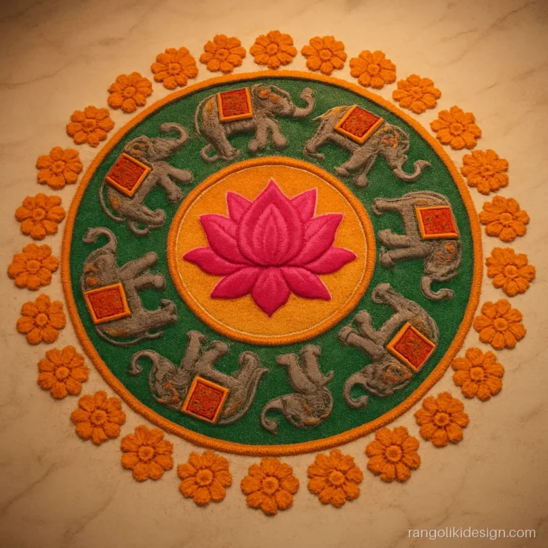 Big Diwali rangoli design with a ring of small elephants around a lotus