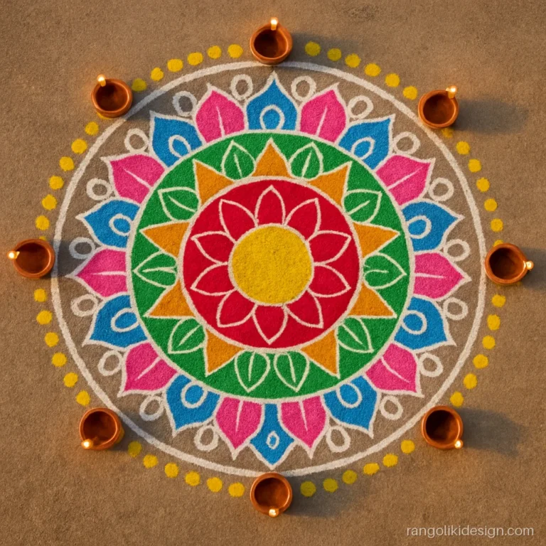 Big Diwali rangoli design with an eight ring mandala in festive colours
