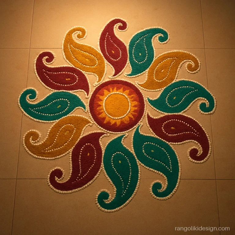 Big diwali rangoli designs with a paisley chakra in maroon and gold