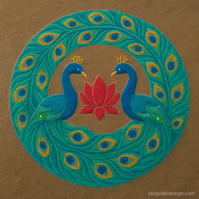 Beautiful designs of rangoli for Diwali with two peacocks in a big circle