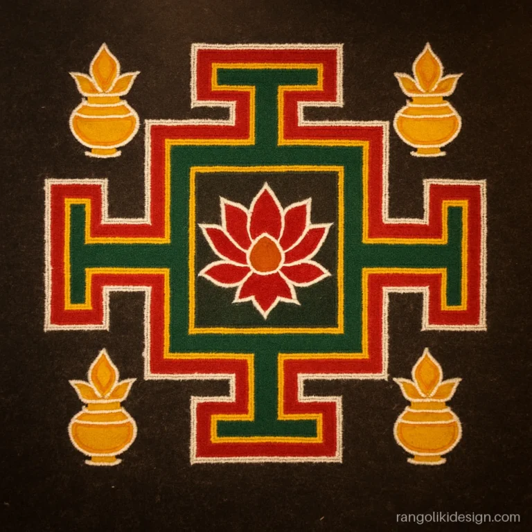 Diwali rangoli designs big square with four gates and kalash corners