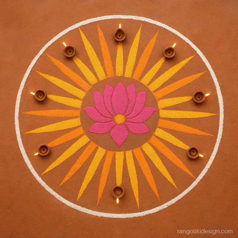 Big rangoli designs for Diwali with a lotus sun and long rays