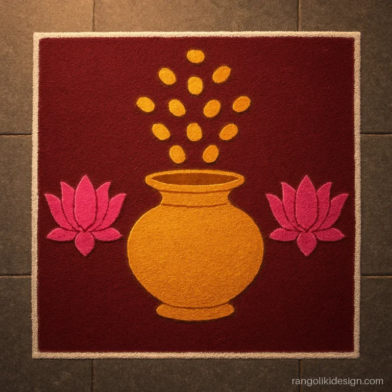 Best rangoli designs for Diwali with coins falling into a kalash