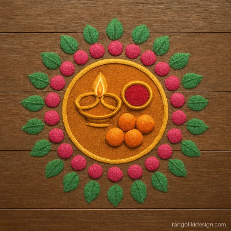 Diwali rangoli design for Bhai Dooj with a tilak thali and sweets