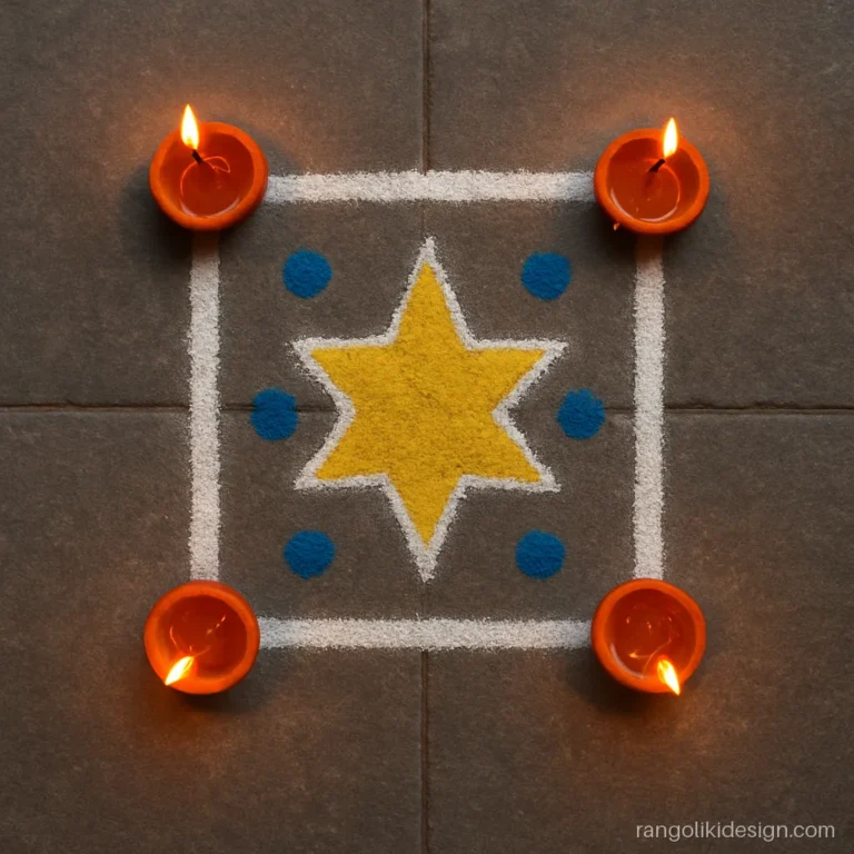 Diwali rangoli design for Choti Diwali with four lamps in a square