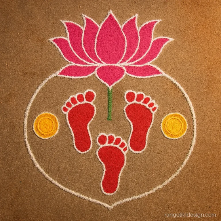 Diwali rangoli design for Laxmi Pujan with lotus and footprints