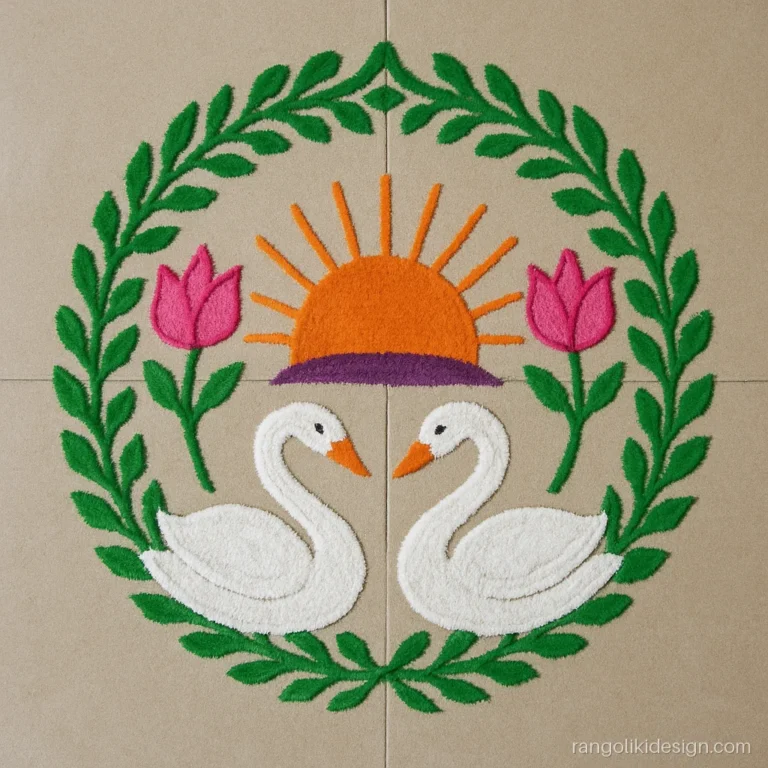 Diwali rangoli design for Padwa with two swans and a new year sun