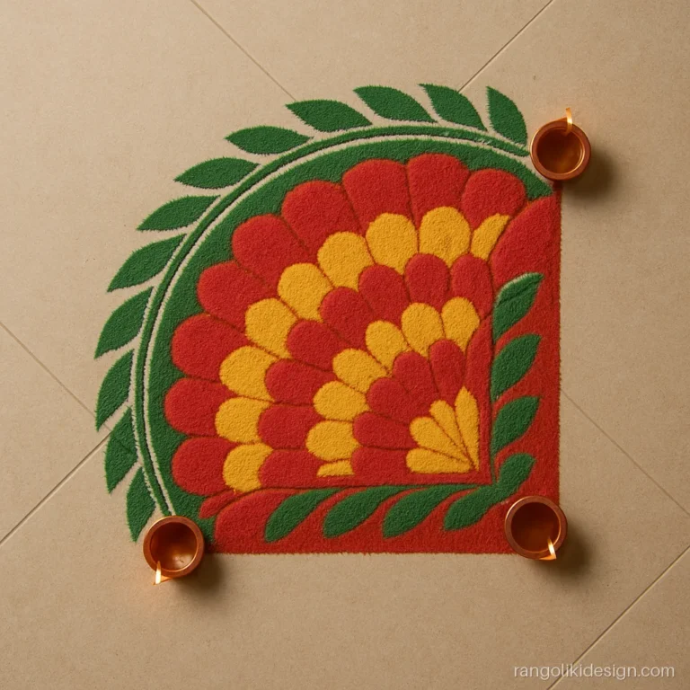 Diwali rangoli designs for corners with a quarter circle of diyas