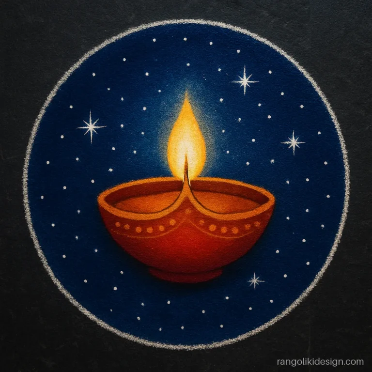Diwali special rangoli designs with a diya on a dark blue starry circle