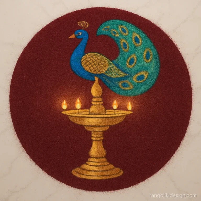 Beautiful rangoli designs for Diwali with a peacock-shaped lamp