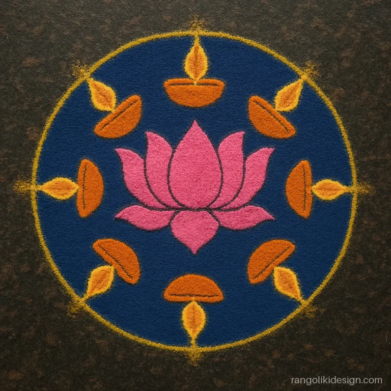 Diwali rangoli design with nine diyas around a lotus centre
