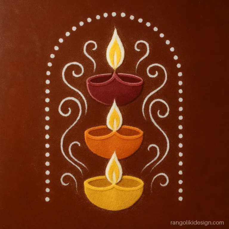 Unique rangoli designs for Diwali with a stack of three diyas