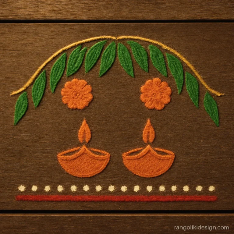 Diwali rangoli designs with twin diyas under a mango leaf toran