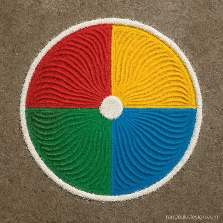 Easy diwali rangoli designs with comb-drawn feather texture in a circle