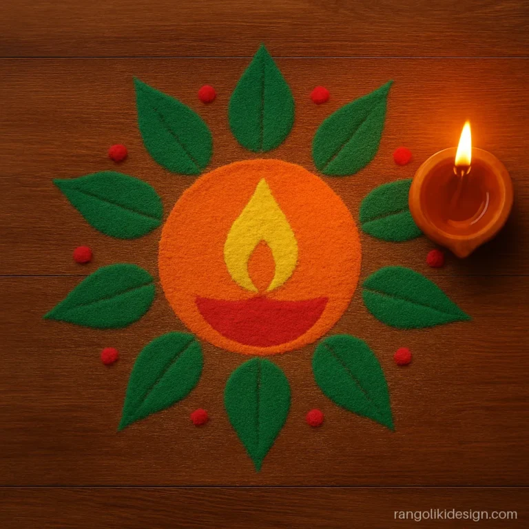 Rangoli designs for Diwali easy with green leaves around a single diya