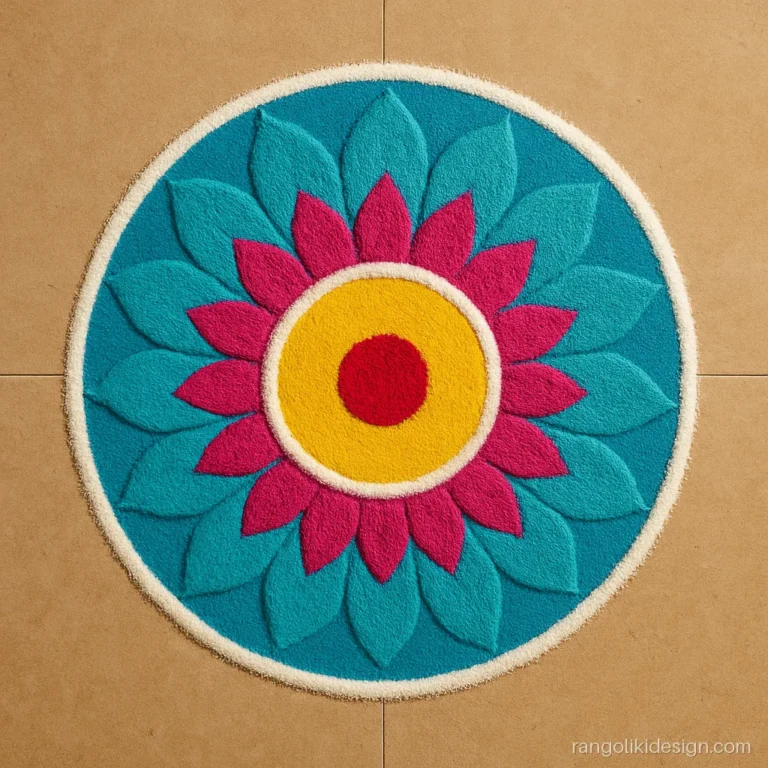 Easy diwali rangoli designs with spoon-pressed petals in a circle
