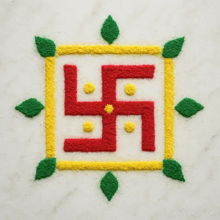 Easy rangoli design for Diwali with a red swastik and yellow dots