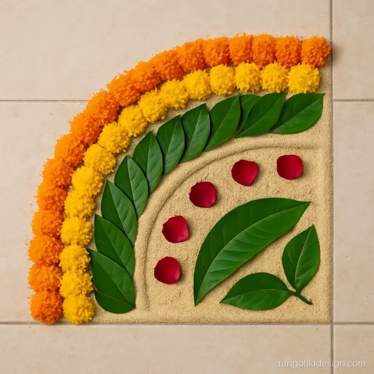 Diwali rangoli design with a corner arch of marigold and leaves
