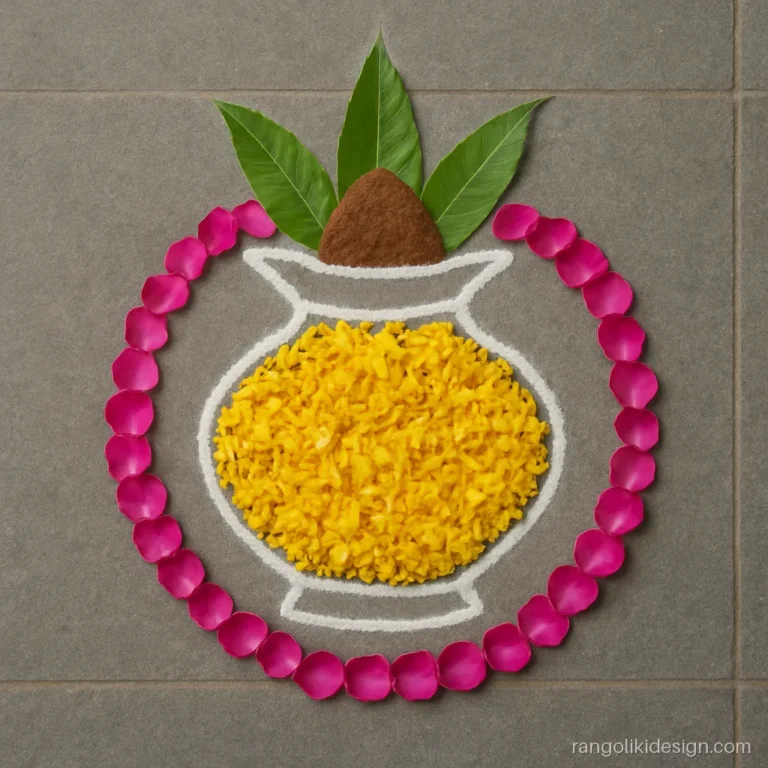 Diwali special rangoli designs with a flower kalash and powder outline