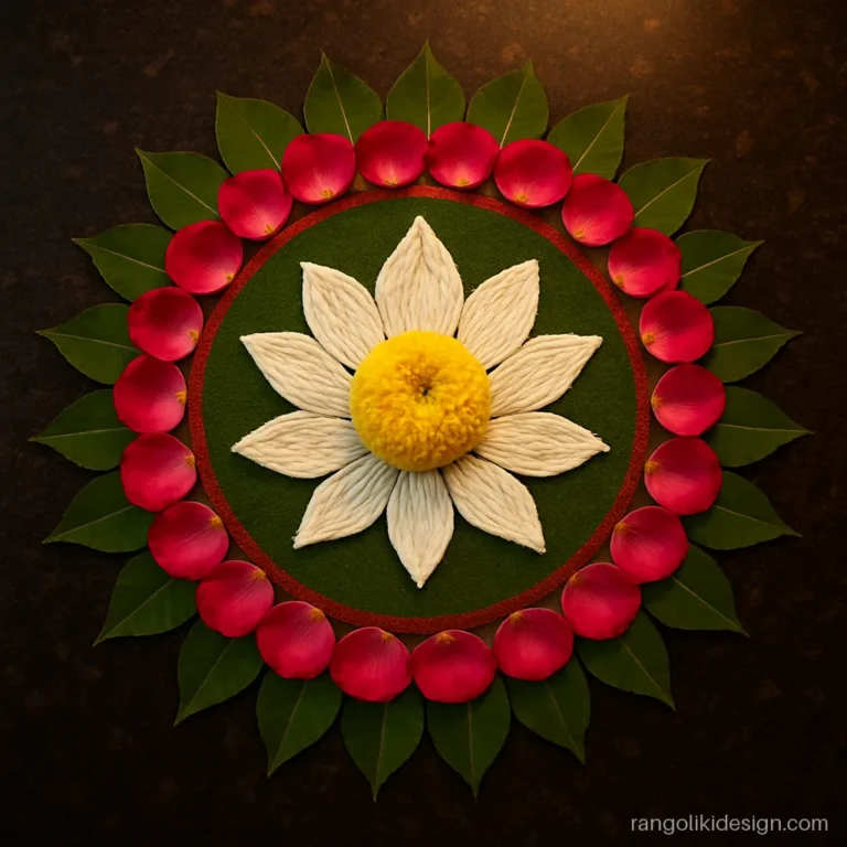 Diwali flower rangoli designs with a white chrysanthemum lotus