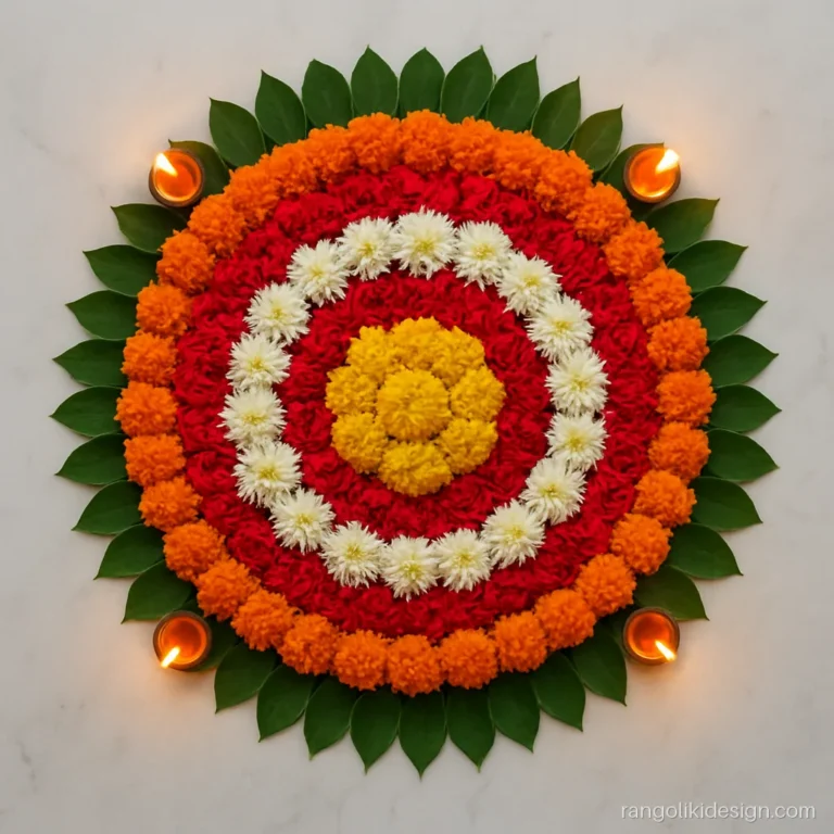 Diwali flower rangoli design with marigold and rose petal mandala