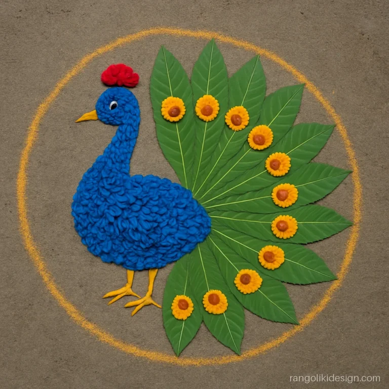 Beautiful rangoli designs for Diwali with a flower peacock and leaf tail