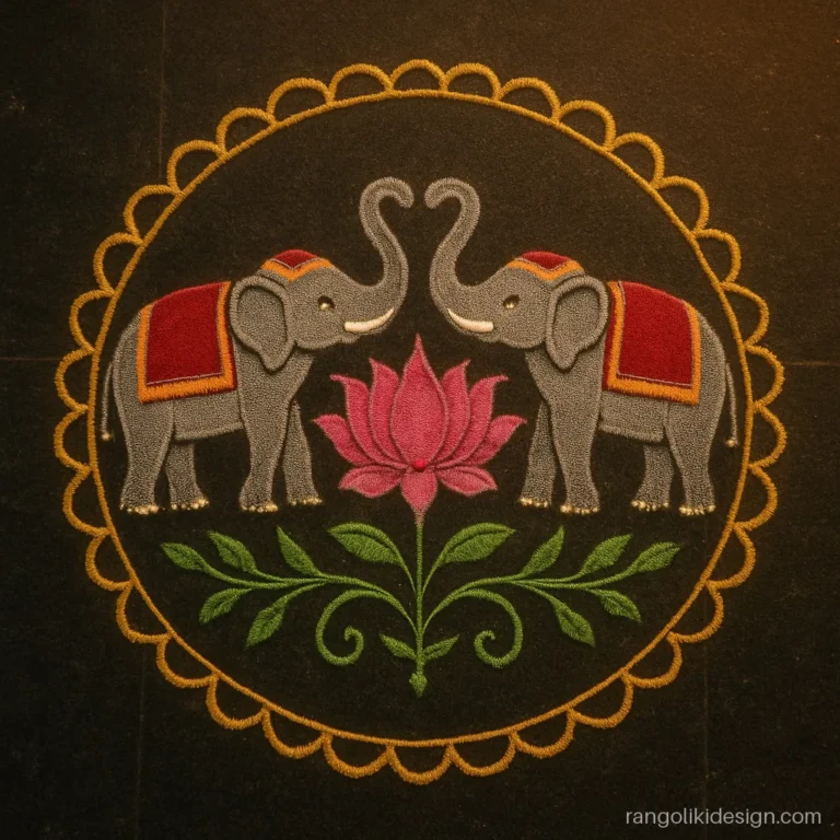 Diwali rangoli designs with two elephants and a lotus between them