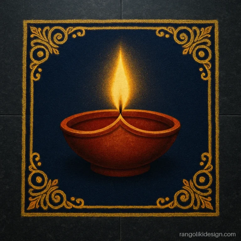 Jeet rangoli design for Diwali with a shaded 3D diya and glowing flame