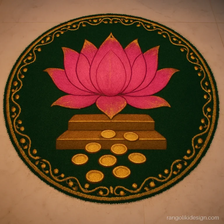 Jeet rangoli designs for Diwali with a glittering lotus throne and coins