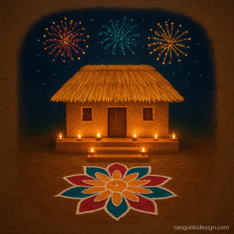 Creative jeet rangoli design for Diwali with a village house lit by diyas