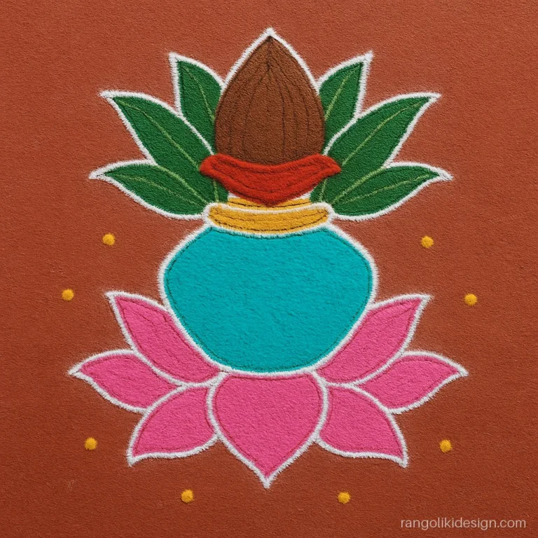Diwali rangoli design with a turquoise kalash on a lotus and coconut on top