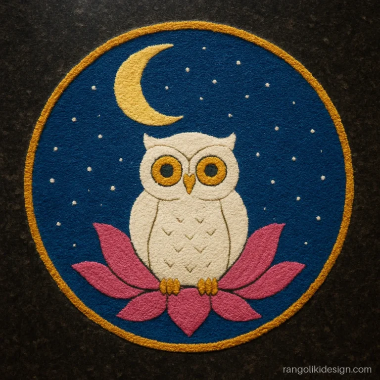 Unique rangoli designs for Diwali with a white owl on a lotus under a moon