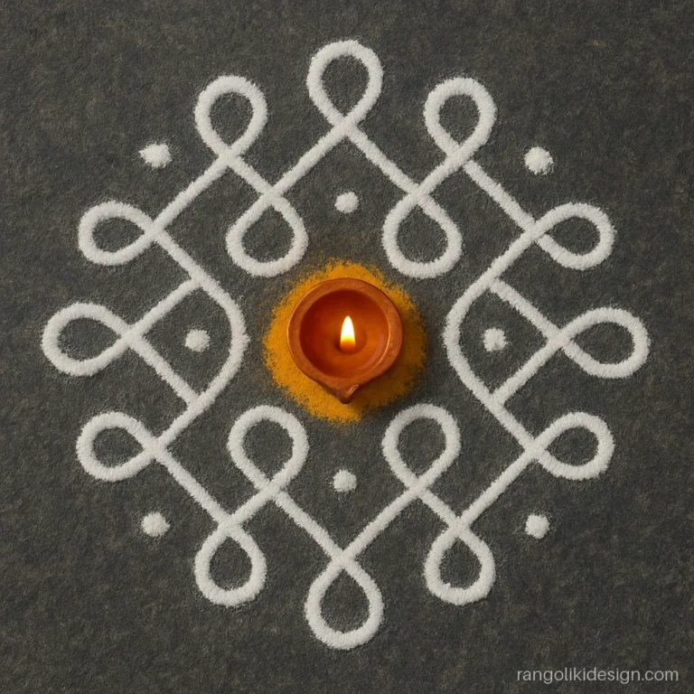 Small Deepavali rangoli designs in white kolam with one coloured diya