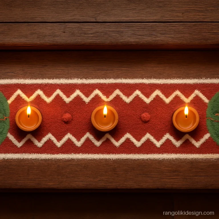 Simple rangoli designs for Diwali as a threshold strip with dots and diyas