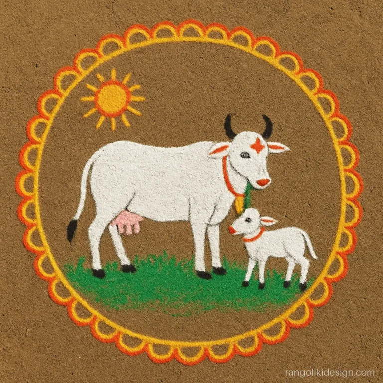 Vasu Baras rangoli design with a white cow and calf for the first day of Diwali