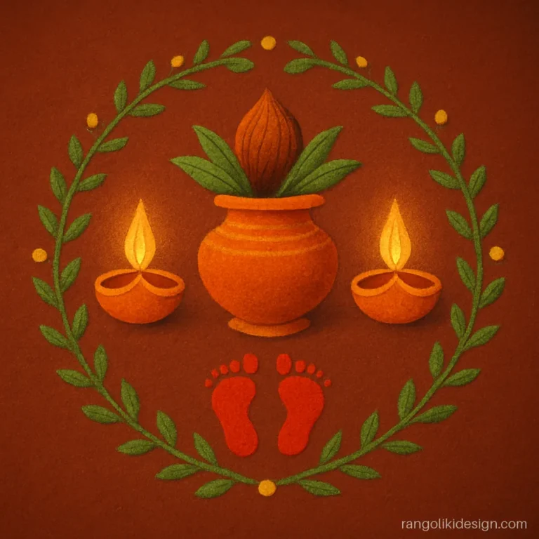 Diwali diya rangoli with a kalash, two big lamps and Laxmi charan