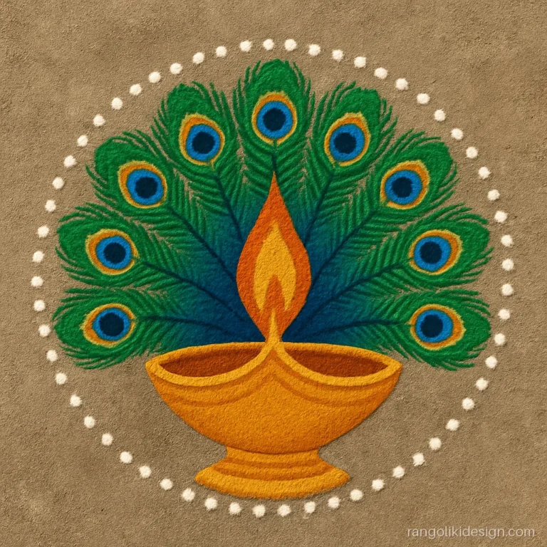 Big diya rangoli design with a gold lamp and peacock feathers fanning behind