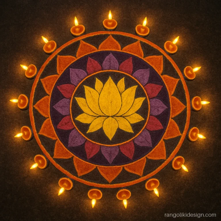 Beautiful diya rangoli mandala with sixteen small lamps in the outer ring