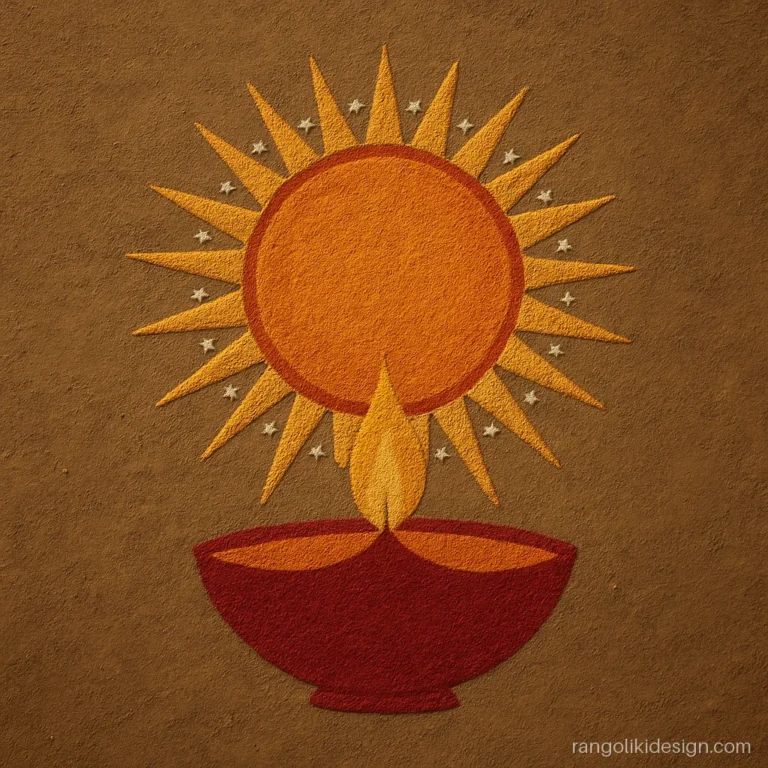 Big diya rangoli where the lamp flame grows into a sun with rays