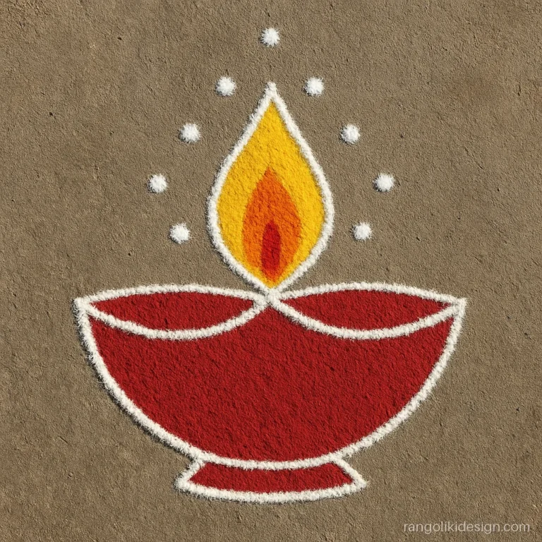 Diya rangoli design with dots on a 7 to 4 grid in red and yellow