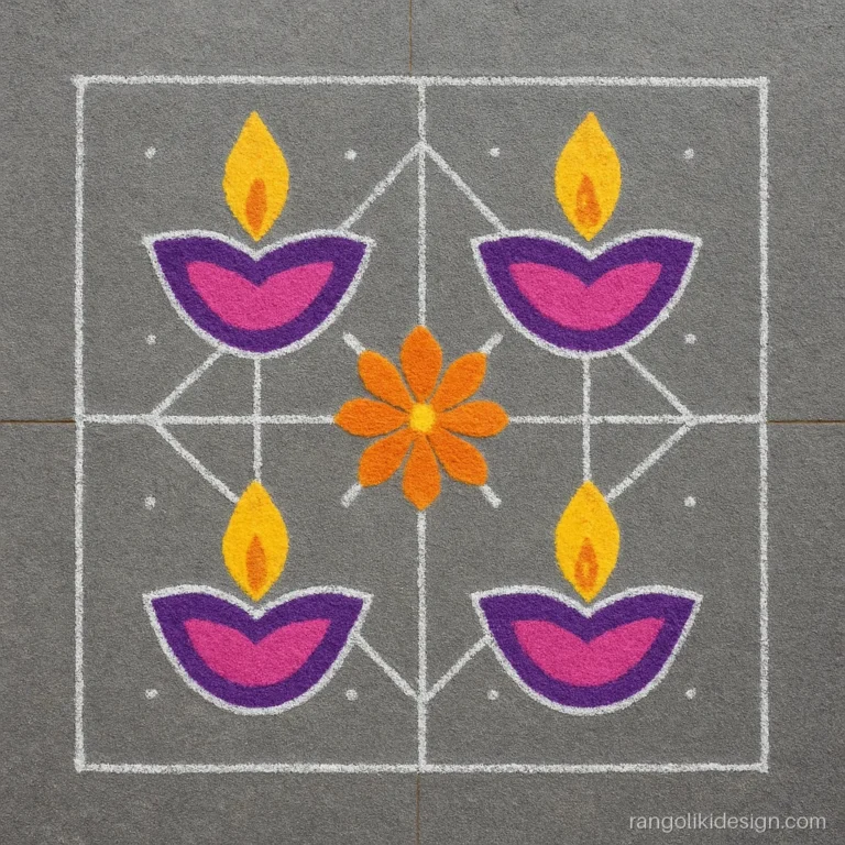 Dot rangoli with four purple diyas in a square on a 9 by 9 grid