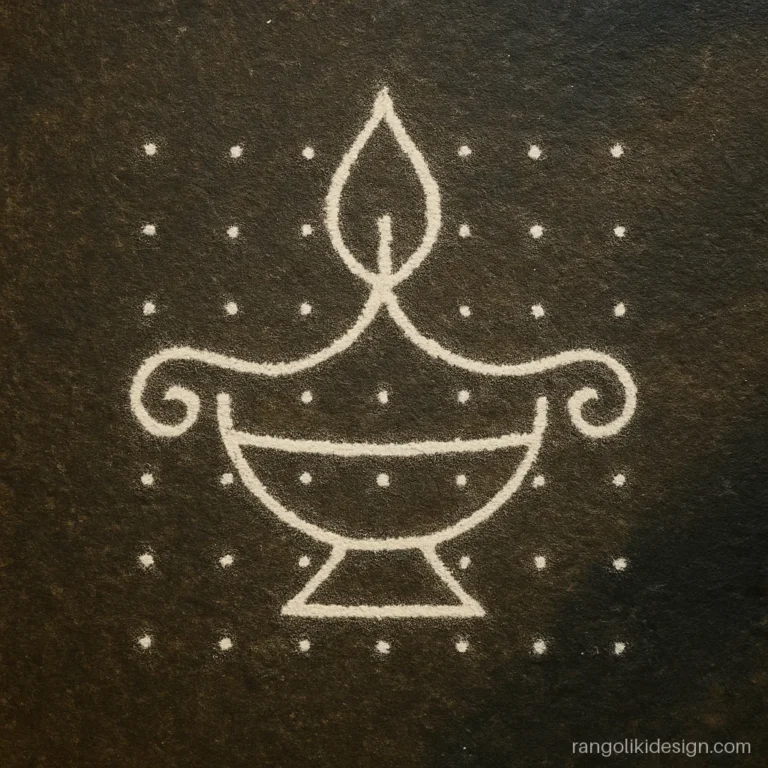 White kolam diya design with loops around a 5 by 5 dot grid at a doorstep