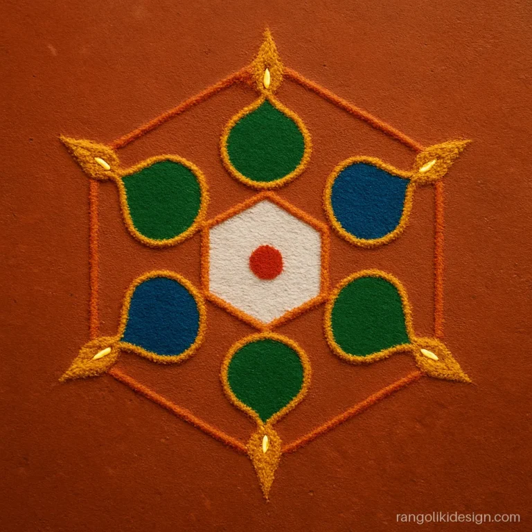 Unique diya rangoli design for Diwali with six lamps forming a star on dots