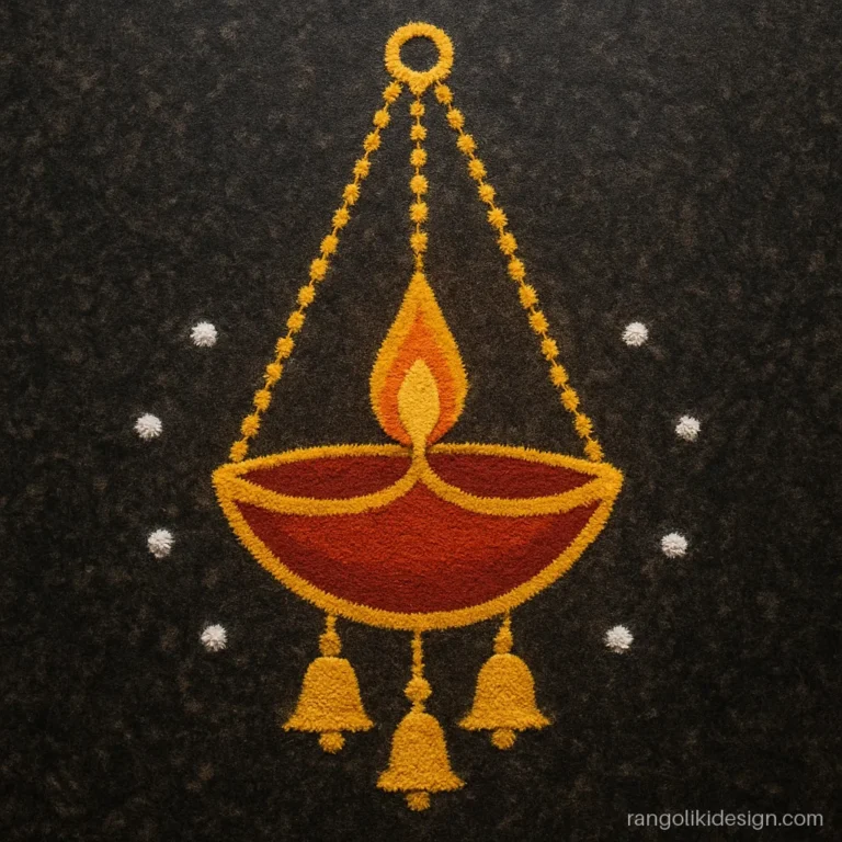 Easy diya rangoli design of a hanging lamp with gold chains and small bells