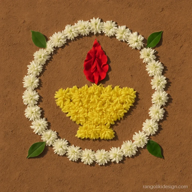Flower diya rangoli made with yellow chrysanthemum and red rose petals